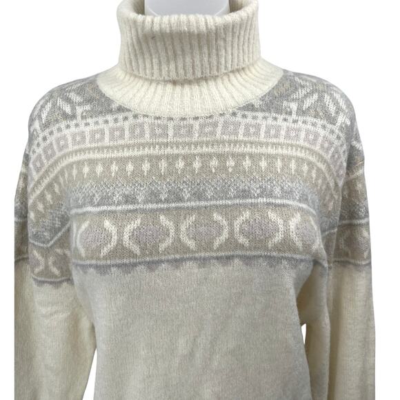 NEW French Connection Cream Gray Fair Isle Long Sleeve Turtleneck Sweater Top M - Picture 3 of 5